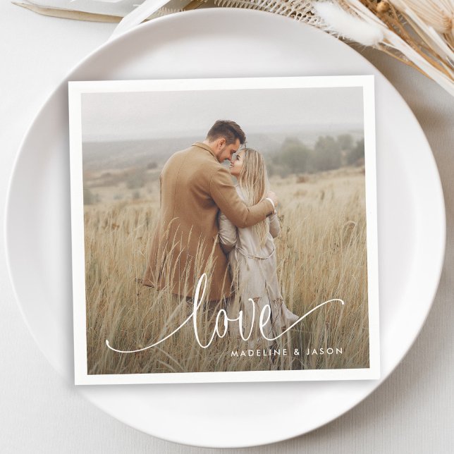 Modern Engagement Photo Calligraphy Love Napkins (Creator Uploaded)