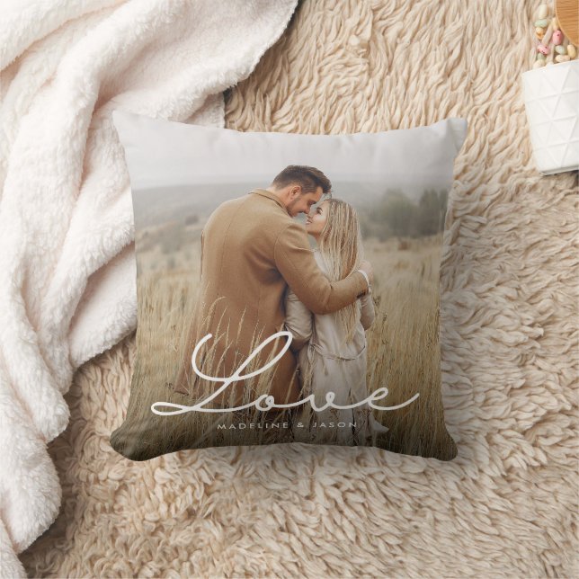 Modern Engagement Photo Calligraphy Love Throw Pillow (Blanket)