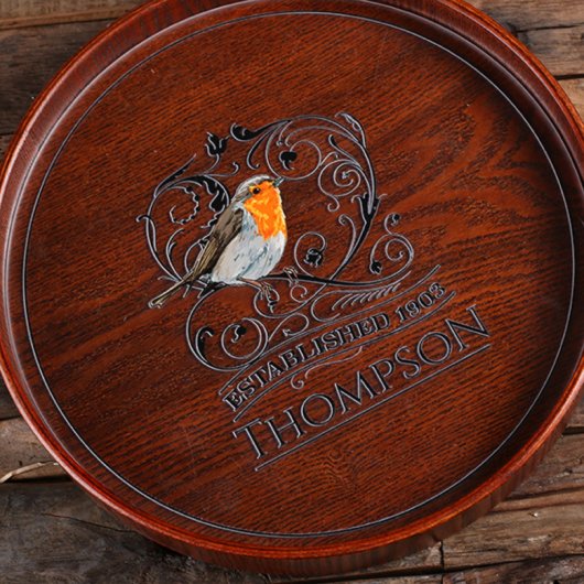Modern Engraved Robin Round Wooden Serving Tray (Top)