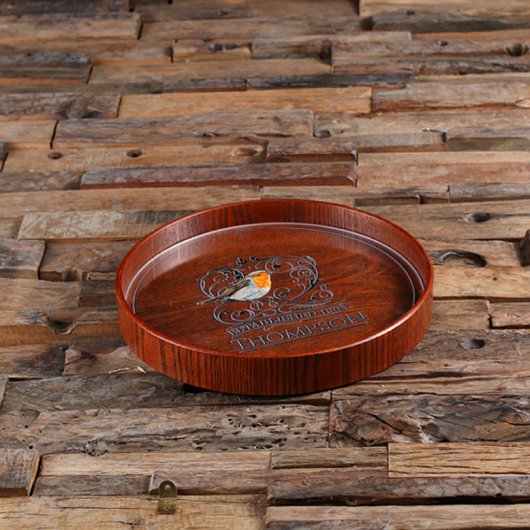 Modern Engraved Robin Round Wooden Serving Tray (Front Top)