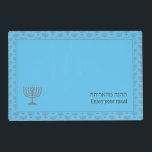 Modern Enjoy Your Meal | MENORAH Placemat<br><div class="desc">Modern sky blue reversible MENORAH Table Placemats, showing with faux silver menorah tiled pattern. Near the bottom, there is a larger single menorah, plus text that reads ENJOY YOUR MEAL in English and Hebrew text. These are CUSTOMIZABLE so you can PERSONALIZE with your family name or other greeting. A plain...</div>