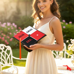 Modern Era Grad 2026 Red White Black Star Tassel Graduation Cap Topper