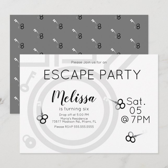 Modern Escape Room Birthday Party Gray Invitation (Front/Back)