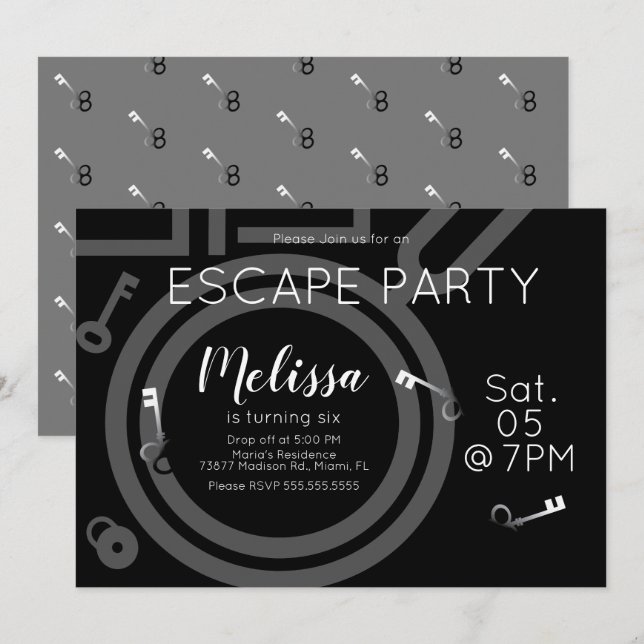 Modern Escape Room Birthday Party Grey Black Invitation (Front/Back)