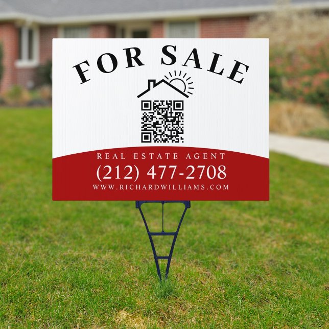 Modern Estate Agent For Sale QR Code White-Red Sign (Creator Uploaded)