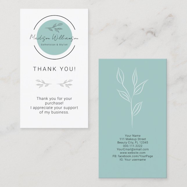 Modern Esthetician Stylist Spa Customer Thank You Business Card (Front/Back)