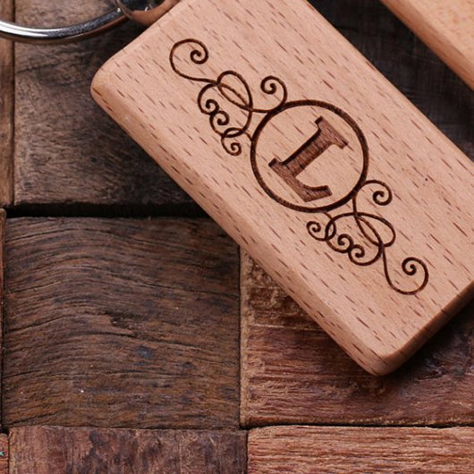 Modern Etched Single Initial Wooden Keychain (Close Up Top)