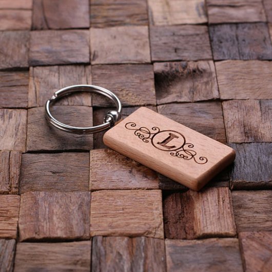 Modern Etched Single Initial Wooden Keychain (Top)