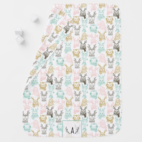 Modern Etched Style Woodland Animals Christmas Baby Blanket