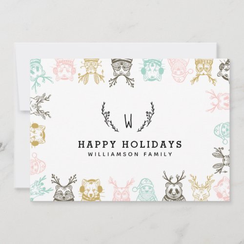 Modern Etched Style Woodland Animals Christmas Holiday Card