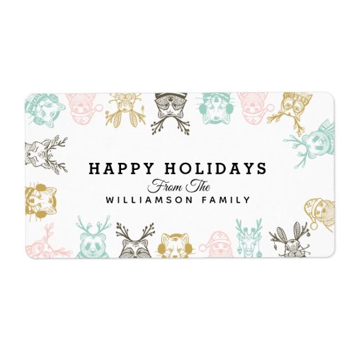 Modern Etched Style Woodland Animals Christmas Label