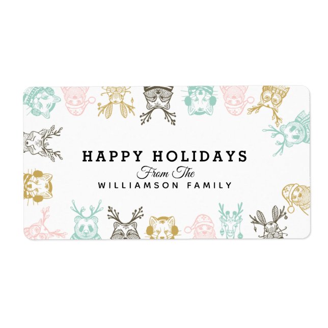 Modern Etched Style Woodland Animals Christmas Label (Front)