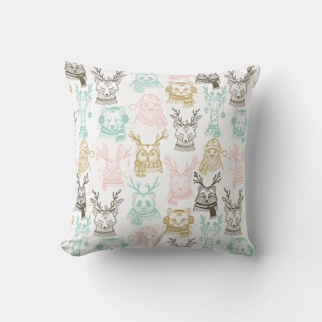 Modern Etched Style Woodland Animals Christmas Throw Pillow (Front)