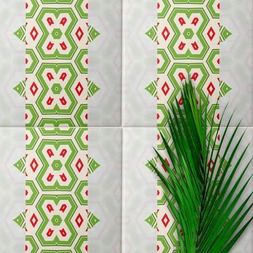 Modern Ethnic Green White Red Geometric Pattern Ceramic Tile