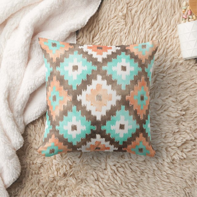 Modern Ethnic Kilim Watercolor Mosaic Pattern Throw Pillow (Blanket)