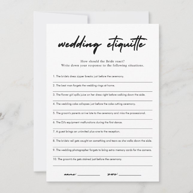 Modern Etiquette 911 Bridal Shower Game Card (Front)