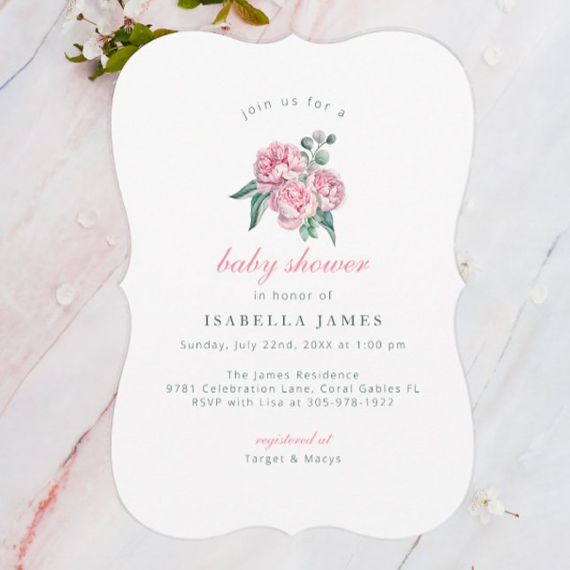 Modern Eucalyptus and Blush Floral Watercolor Baby Invitation (Simple Elegance )