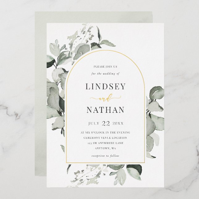 Modern Eucalyptus Arch Wedding Gold Foil Invitation (Front/Back)