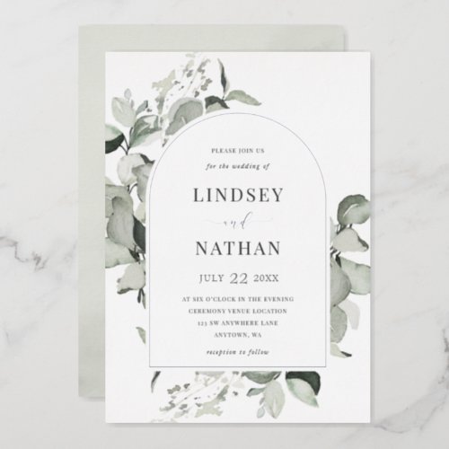 Modern Eucalyptus Arch Wedding Silver Foil Invitation
