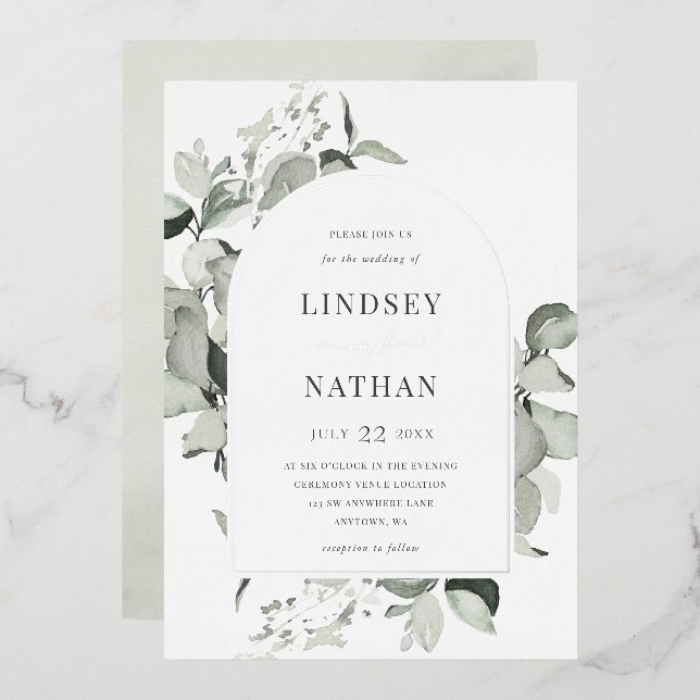 Modern Eucalyptus Arch Wedding Silver Foil Invitation (Front/Back)