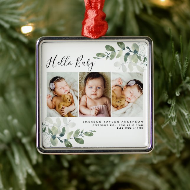 Modern Eucalyptus Baby Photo Metal Ornament (Tree)