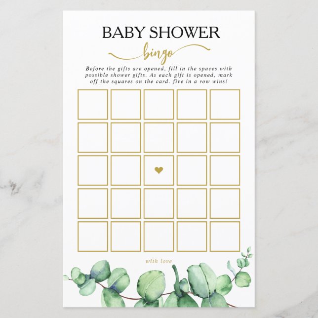 Modern Eucalyptus Balloon Baby Shower Bingo Game (Front)