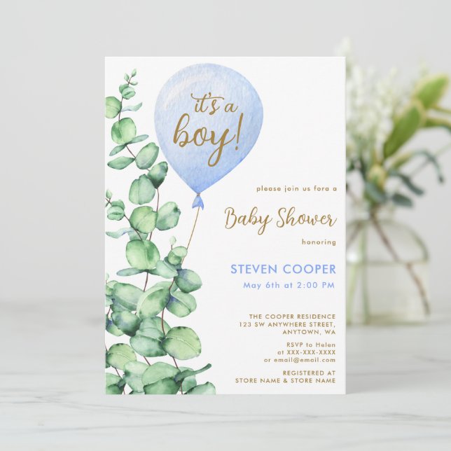 Modern Eucalyptus Balloon It's A Boy Baby Shower  Invitation (Standing Front)