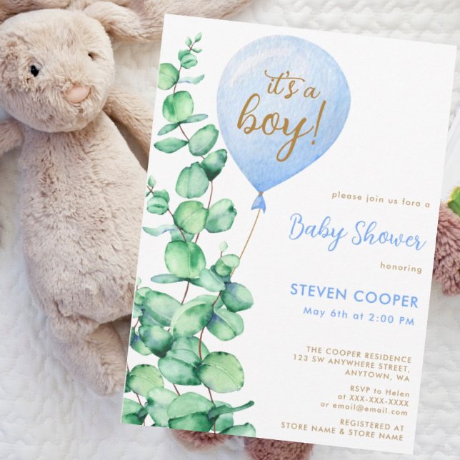 Modern Eucalyptus Balloon It's A Boy Baby Shower  Invitation (Creator Uploaded)