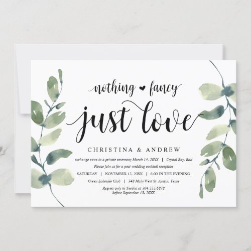 Modern Eucalyptus  Black Ink Wedding Elopement Invitation