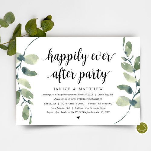 Modern Eucalyptus Black Wedding Elopement Party Invitation