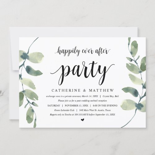 Modern Eucalyptus Black Wedding Elopement Party Invitation