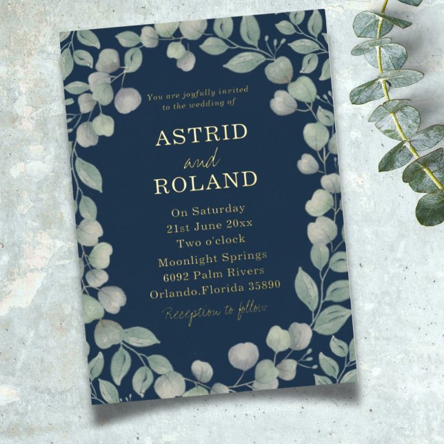 Modern Eucalyptus Blue & Real Gold Wedding Foil Invitation (Creator Uploaded)