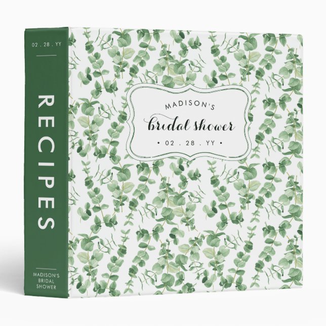 Modern Eucalyptus Botanical Bridal Shower Recipe 3 Ring Binder (Front/Spine)