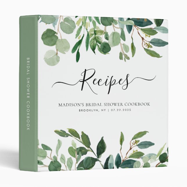 Modern Eucalyptus Botanical Bridal Shower Recipe 3 Ring Binder (Front/Spine)