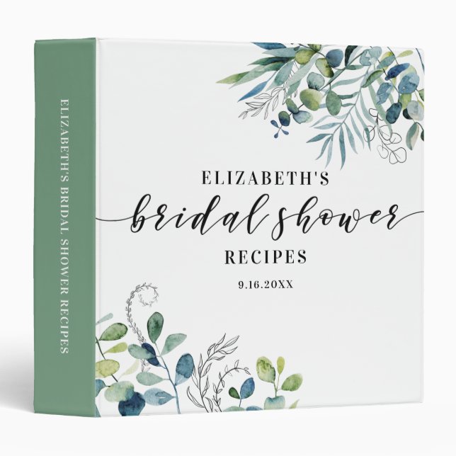 Modern Eucalyptus Botanical Bridal Shower Recipe 3 Ring Binder (Front/Spine)