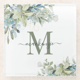 Modern Eucalyptus Botanical Floral Monogram Glass Coaster