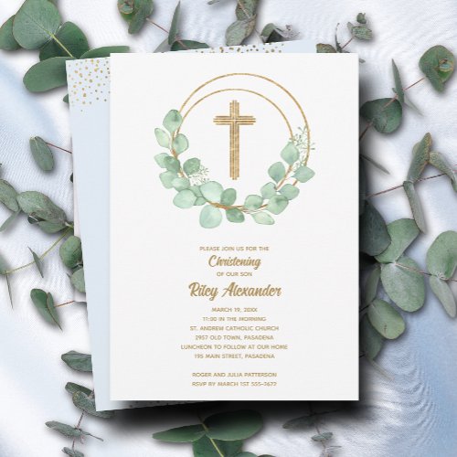 Modern Eucalyptus Boy Christening Invitation