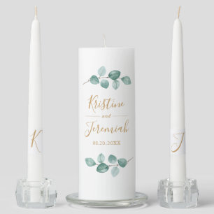 Modern Eucalyptus Branch Gold Script Wedding Unity Candle Set