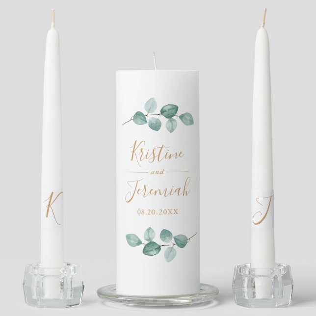 Modern Eucalyptus Branch Gold Script Wedding Unity Candle Set (Front)