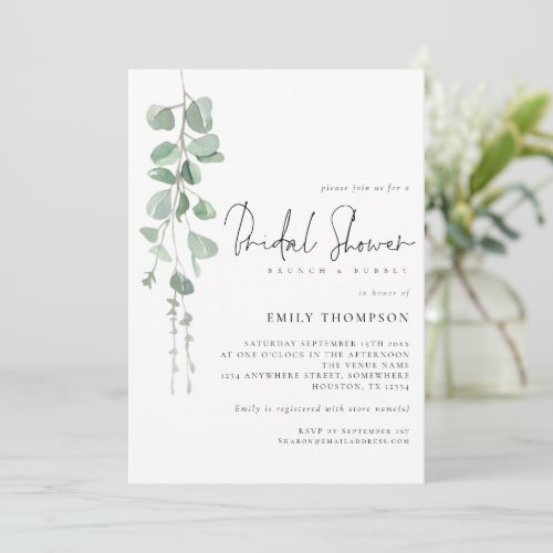 Modern Eucalyptus Brunch Bubbly Bridal Shower Invitation