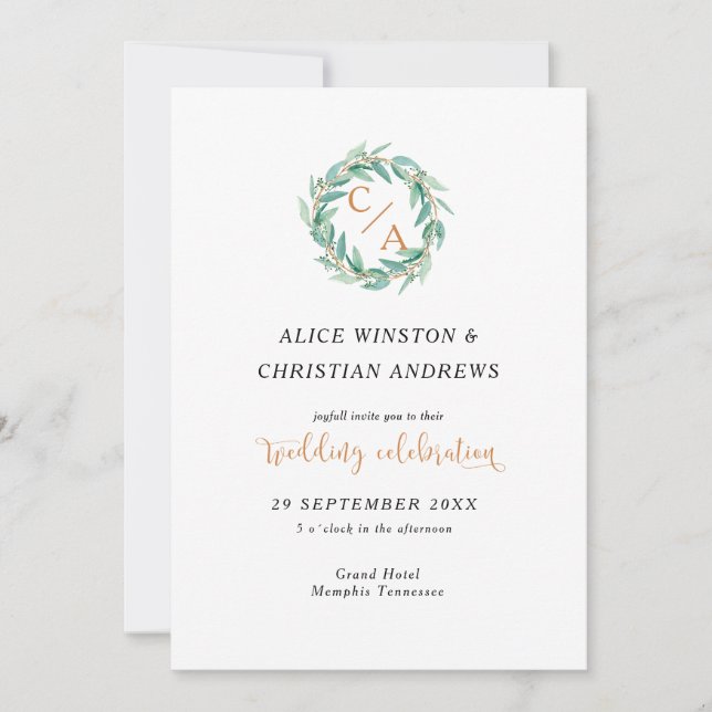  Modern Eucalyptus Calligraphy Monogram  Invitatio Invitation (Front)