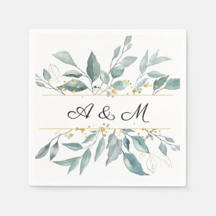 Modern Eucalyptus Calligraphy Monogram Wedding Napkins