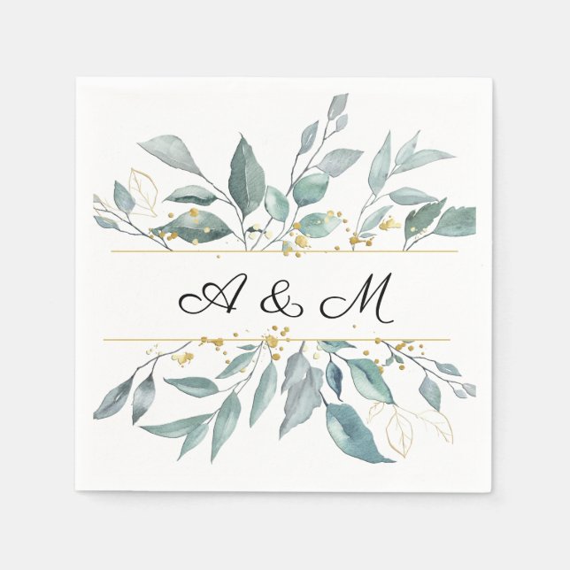  Modern Eucalyptus Calligraphy Monogram Wedding Napkins (Front)