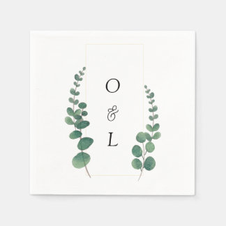 Modern Eucalyptus Calligraphy Monogram Wedding  Napkins
