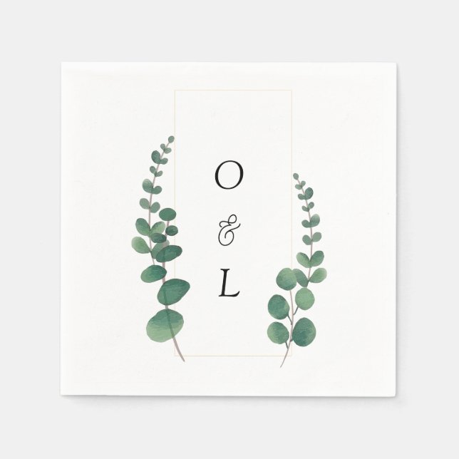 Modern Eucalyptus Calligraphy Monogram Wedding  Napkins (Front)