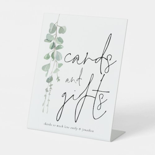 Modern Eucalyptus Cards Gifts Script Wedding Pedestal Sign