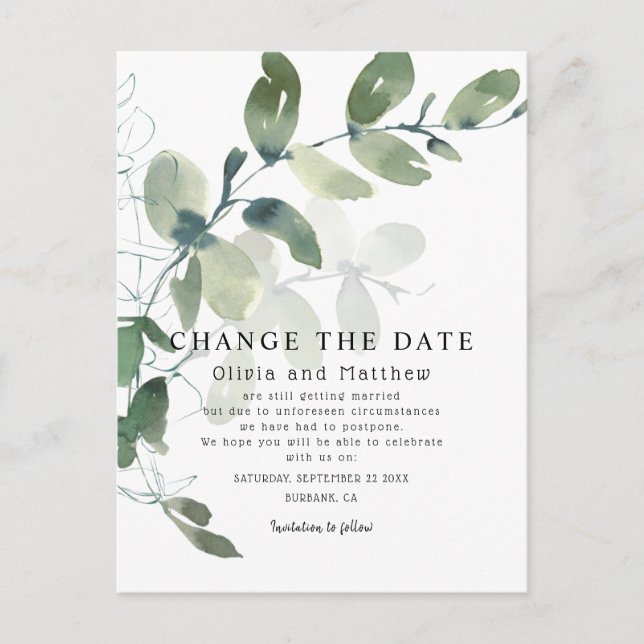 Modern Eucalyptus Change the Date Announcement Postcard (Front)