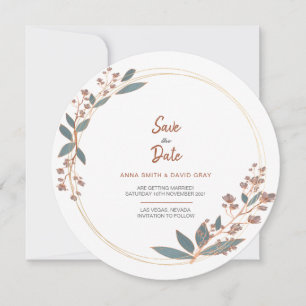 Modern Eucalyptus Circular Floral Save The Date Invitation