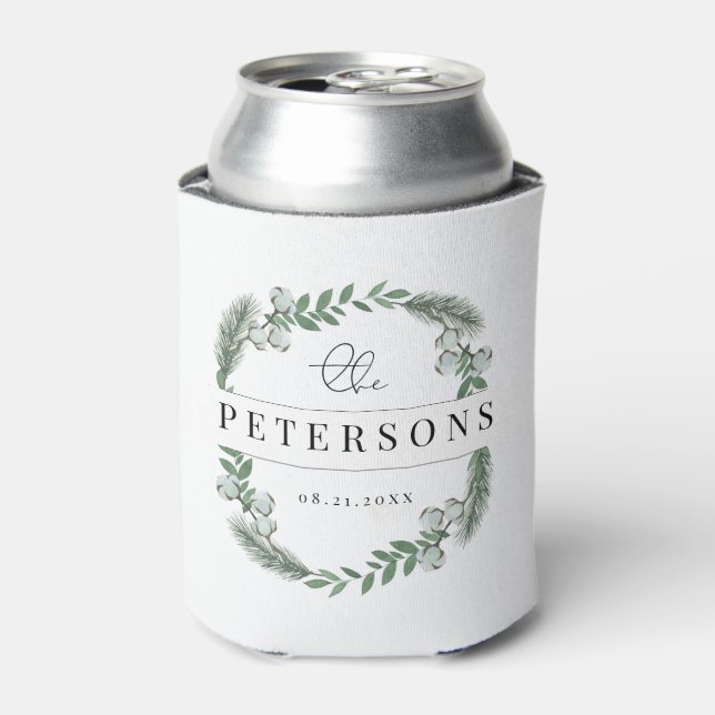 Modern Eucalyptus Cotton Pine Green Wreath Wedding Can Cooler (Can Front)
