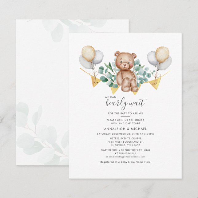 Modern Eucalyptus Couples Baby Shower Bear Foliage Invitation (Front/Back)